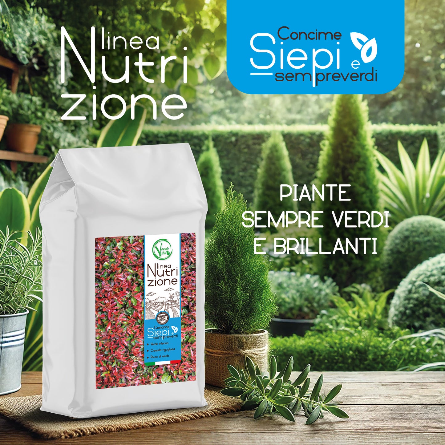 VerdeVita Concime Nutrizione per Siepi e Sempreverdi, Alta Concentrazione di Azoto, Verde Intenso, Made in Italy, 5kg