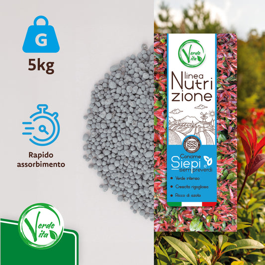 VerdeVita Concime Nutrizione per Siepi e Sempreverdi, Alta Concentrazione di Azoto, Verde Intenso, Made in Italy, 5kg